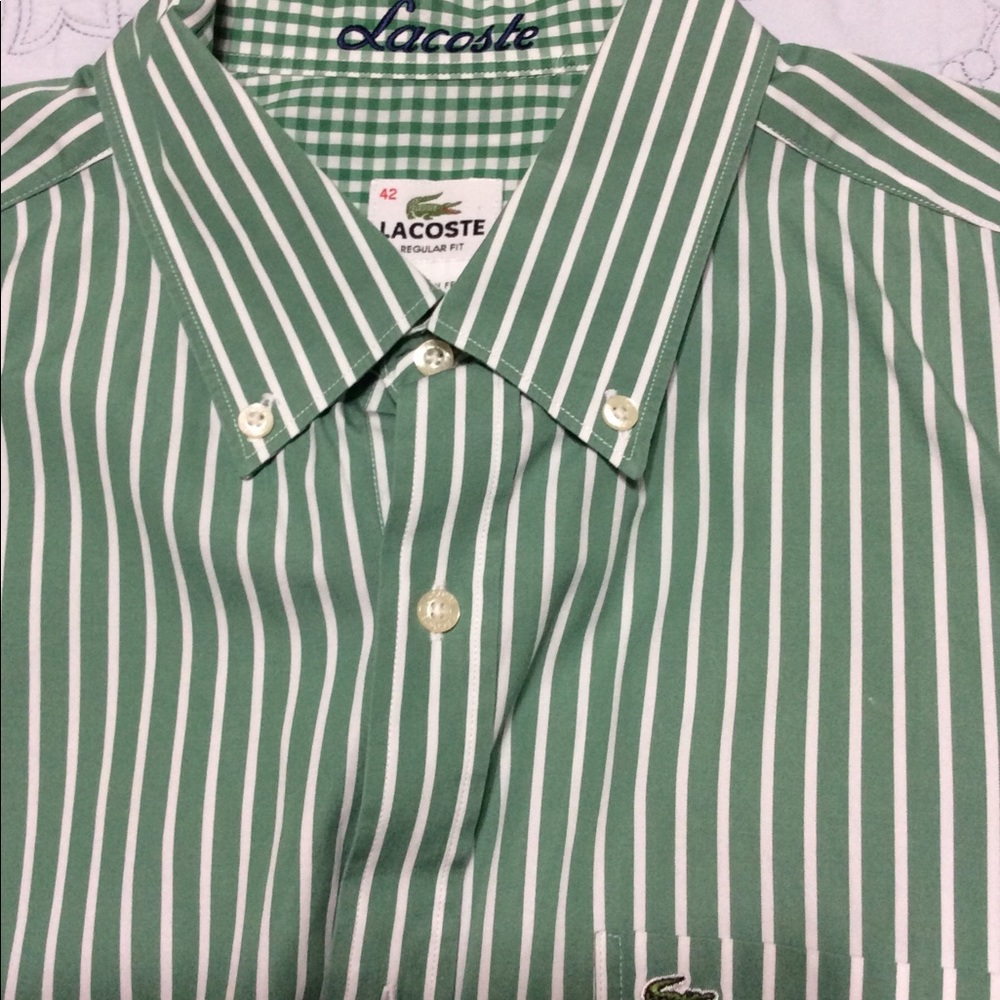 LACOSTE Green Striped Check Cuffs Mens Long Sl Shirt Sz 42 Reg (large-X-Large)